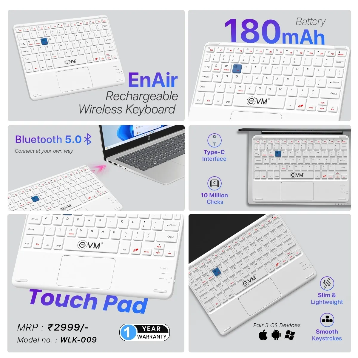 EVM Wireless Bluetooth Keyboard With Touchpad Enair WLK-009-W view 5